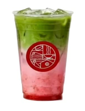 Strawberry Matcha Latte served in a Lika's Bakery cup