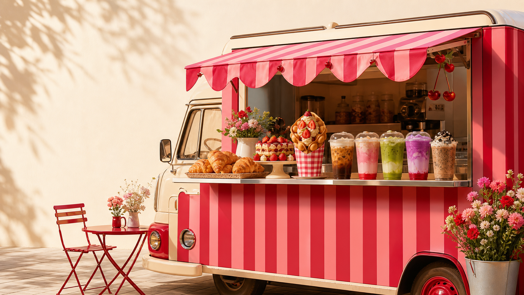 A cheerful pink and cherry-red bakery truck serving pastries, bubble waffles, and colorful drinks